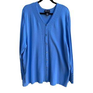 Maggie Barnes Womens Blue Button-Front Knit‎ Beaded Long Sleeve Cardigan Sweater